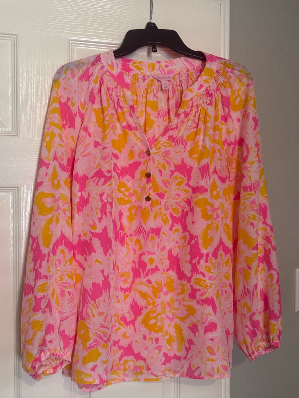 Lilly Pulitzer Pink & Yellow Floral Button V-Neck Blouse